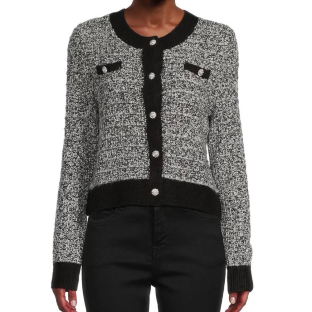 Laundry by Shelli Segal Tweed Knit Cardigan‎ – Black & White Bouclé Jewels SZ L